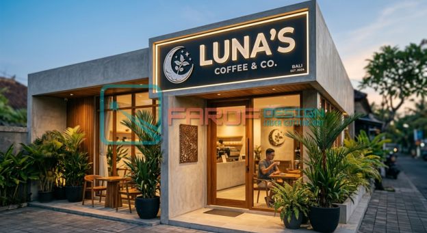 Signage akrilik kafe tropis hasil pengerjaan Farof Laser Bali