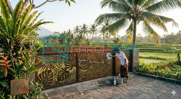 Proses pembersihan pagar laser cutting metal di Bali untuk mencegah karat