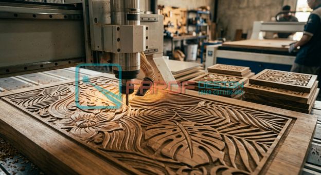 Detail wood engraving pada kayu jati hasil pengerjaan Farof Laser untuk dekorasi dinding villa di Bali