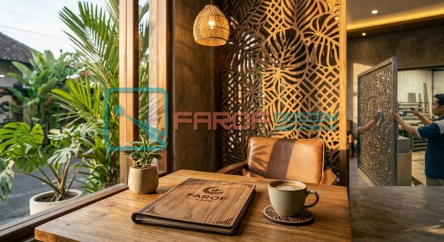Detail branding menu kayu dan interior cafe hasil jasa laser cutting Farof Laser di Bali