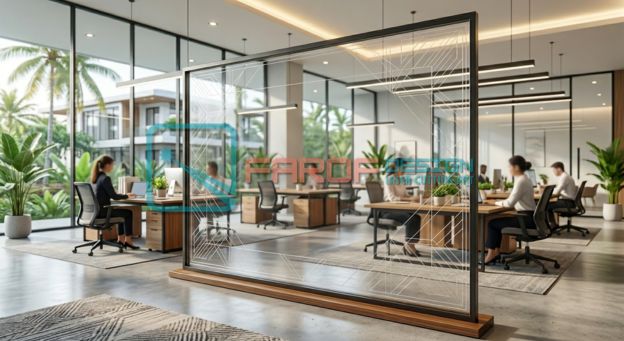 Interior kantor di Bali menggunakan partisi akrilik dekoratif hasil laser cutting dan grafir Farof Laser