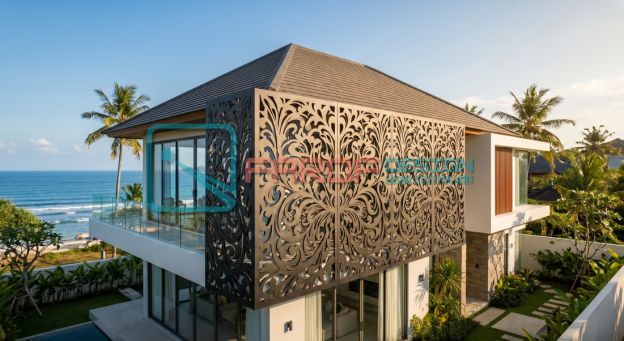 Panel eksterior laser cutting metal dan ACP untuk villa modern di Bali