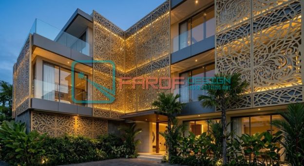 Desain fasad bangunan modern menggunakan panel ACP custom motif laser cutting untuk hotel di Bali
