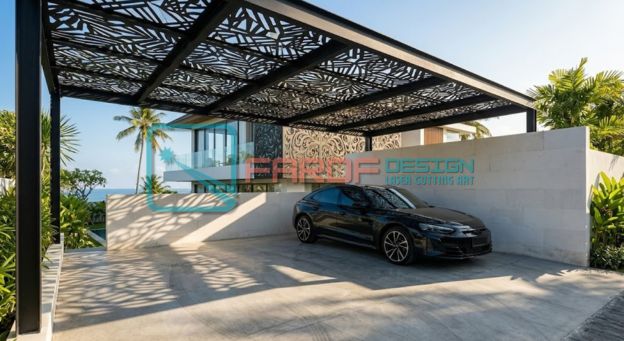 Atap kanopi carport minimalis dengan panel laser cutting metal pada villa modern di Bali