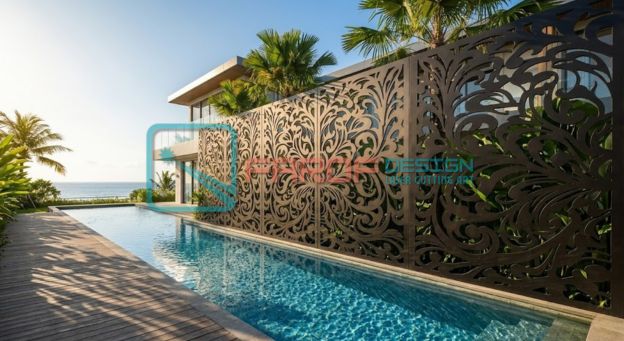 Pembatas kolam renang villa atau sekat outdoor Bali bermotif kustom dari material PVC hasil mesin CNC router