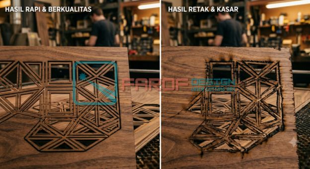 Perbandingan hasil laser cutting custom yang rapi dan yang gagal akibat kesalahan umum