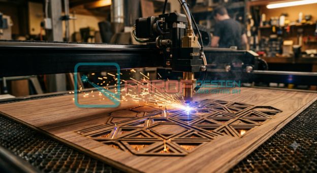 Proses jasa laser cutting Bali memotong panel kayu bermotif geometris di workshop Farof Laser