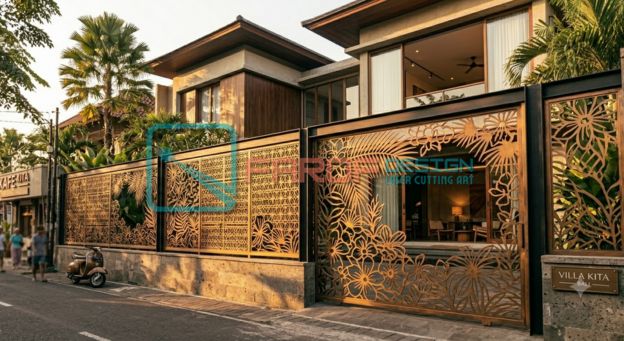 Inspirasi desain pagar laser cutting Bali motif geometris