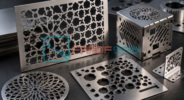 hasil laser cutting dengan pola presisi pada material metal