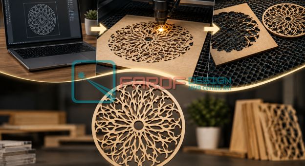 proses laser cutting dari file desain hingga produk jadi